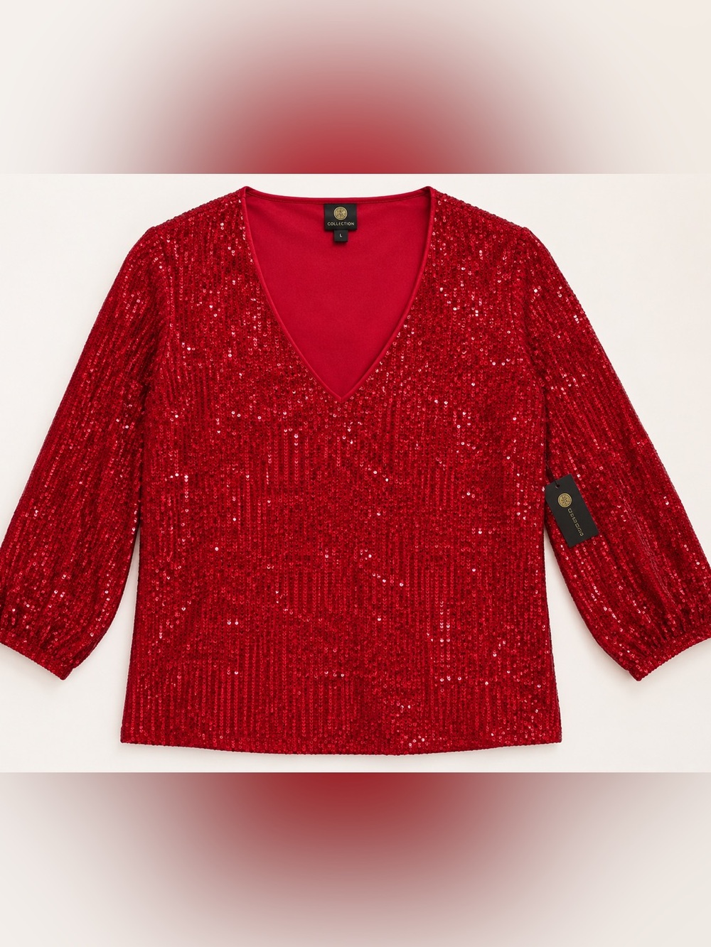 JM Collection Red Sequin Top NWT Women’s Large V-Neck 3/4 Sleeve Holiday Party
